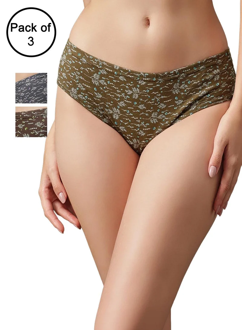كلوفيا Pack of 3 Mid Waist Printed Hipster Panties with Inner Elastic - 100% Cotton